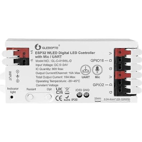 GLEDOPTO ESP32 WLED LED-Streifen-Controller mit Mikrofon und UART-Anschluss zum Herunterladen von Musik und dynamischen RGB-Sounds, WLAN-kompatibel, DIY WS2811, WS2812, SK6812, Weiß (1/5)