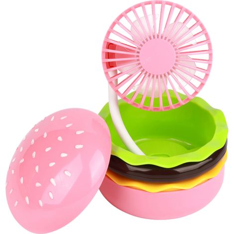 Petit ventilateur mignon en forme de hamburger avec miroir de maquillage intégré, rechargeable par USB, rotatif, idéal pour le bureau, la maison, les dortoirs et les voyages. (1/4)