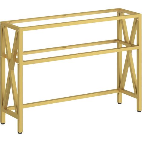 Table d’Appoint en Verre, Table de Canapé avec 2 Étagères Ouvertes de Rangement, Console à Cadre en X, pour Entrée, Couloir, Salon, Doré (1/5)