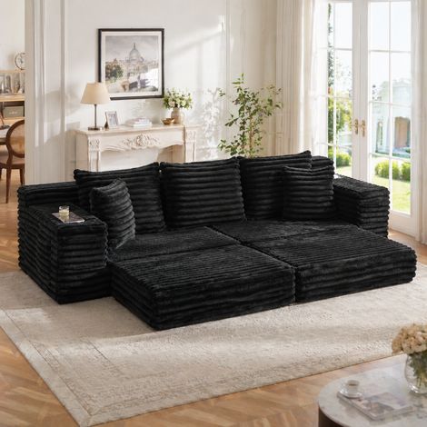 Cordstoff Wohnsofa mit Sitzkompressions-Funktion, Hoher Rückenlehne & Zusatzkissen, Beidseitigen Taschen & Getränkehaltern, Frei Kombinierbar als Schlafsofa, Weiches Polster für Komfort, Schwarz (1/5)