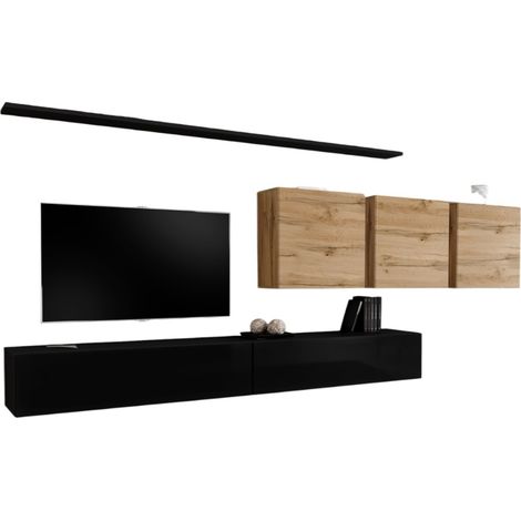 Set di mobili da soggiorno SWITCH VII design, colore nero lucido e rovere Wotan.
