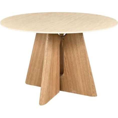 Table ronde PTERAX 120 cm en céramique beige avec pied central sculptural aspect bois – 4 places (1/5)