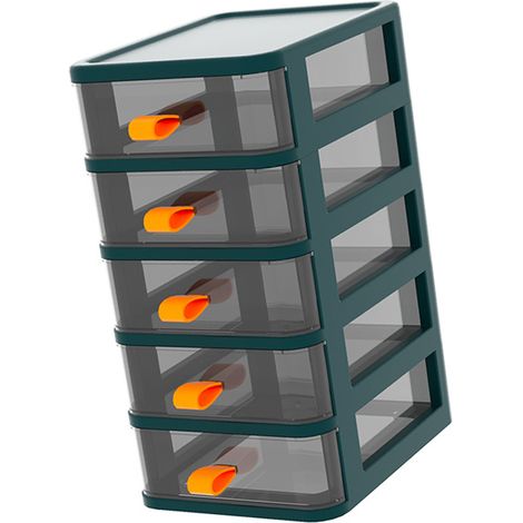 Boîte de rangement de bureau à tiroir transparent avec poignée orange, 5 compartiments, verte, 13,4 x 17 x 28 cm (1/5)