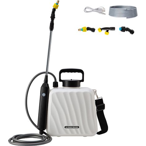 Pulvérisateur de jardin électrique 5 L, avec 3 buses réglables, tuyau d'arrosage de 10 m et manche télescopique, rechargeable par USB, blanc (1/5)