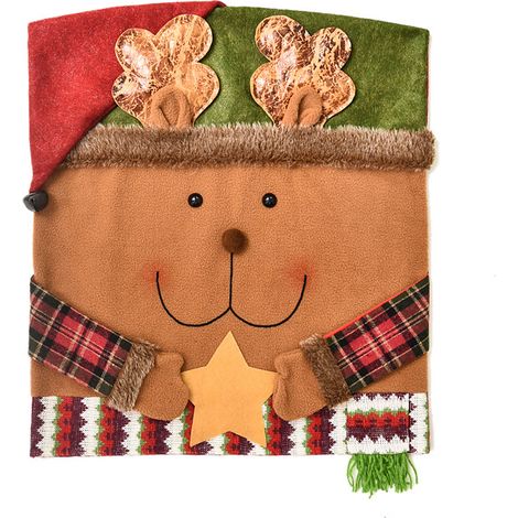Weihnachtsstuhlrückenbezug aus Leinen und Fleece, weiches Rentier-Motiv, wiederverwendbar und abnehmbar, Stuhlschutz für Esszimmerstühle, 54 x 48 cm (1/2)