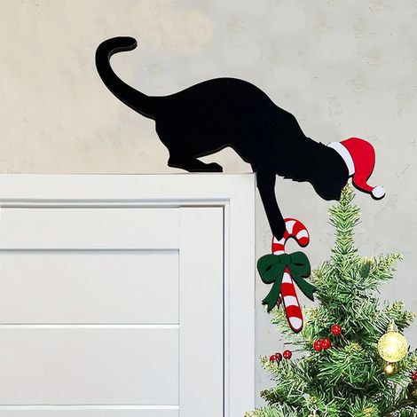 Decorazione natalizia a forma di gatto nero - Gancio decorativo di Babbo Natale e divertente adesivo per finestre - Decorazione creativa per finestre e pareti - Set da 6