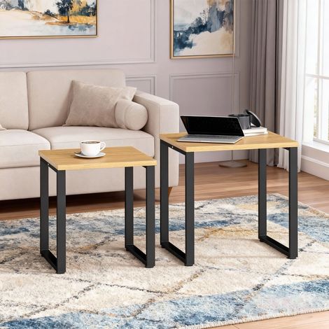 Couchtisch 2er-Set aus Holzwerkstoff und Metall in Naturholz, platzsparend, 60 x 50 x 60 cm