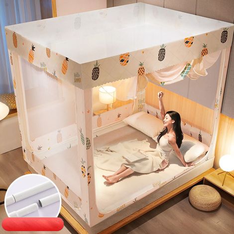 1 Moustiquaire de lit intégrée avec support, tissu occultant physique, polyester résistant, pour chambre à coucher (1/5)