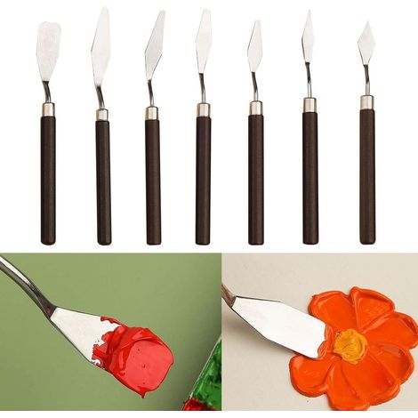 Ensemble de spatules de peintre en acier inoxydable avec manche en bois - Formes variées pour le mélange artistique des couleurs - Idéal pour la peinture à l'huile (1/5)