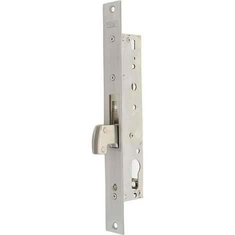 Serrure à encastrer pour profilés métalliques, axe 25 mm, finition gris inox, pêne réversible (1/4)