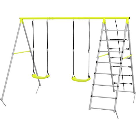 Portique enfant 3-8 ans avec filet escalade et échelle, acier vert