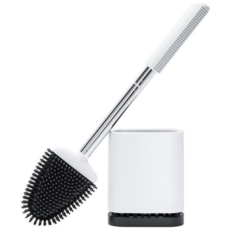 Brosse WC Silicone, Brosse de Toilette Silicone et Support, Balayette WC Suspendu à Séchage Rapide avec Manche en Acier Inoxydable, Balai Toilette Salle de Bain, Autoportant/Mural, Blanc