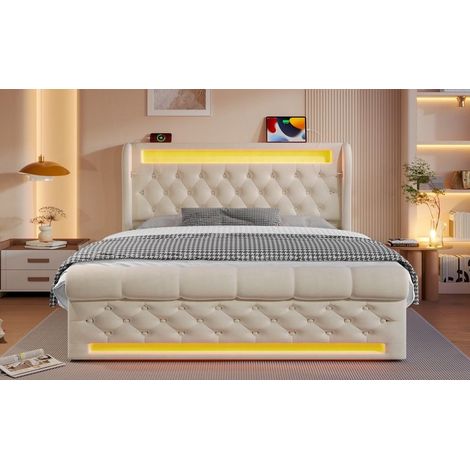 Lit coffre 160x200 cm avec sommier à lattes inclus, LED, USB Type-C, rangement hydraulique, tête de lit avec rangements, velours beige sans matelas (1/5)
