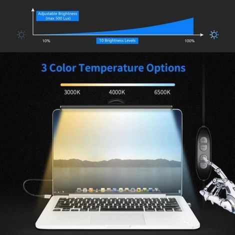 Lampe LED - Barre D Eclairage Pour Ecran - Intensite Et Temperature De Couleur Reeglables - USB 5V - Pour Ordinateur Portable - 26 Cm - Noir (1/2)