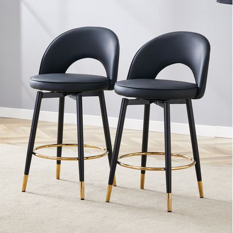 Juego de 2 taburetes de bar con respaldo calado, giratorios 360°, metal y PU negro con detalles dorados (1/5)