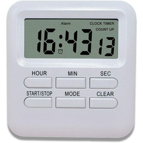 Minuterie Digitale avec Fonction d'Horloge/Réveil 3 en 1, Minuterie de Cuisine Aimanté, Timer Chronomètre Compte à Rebours, Gestion du Temps pour Cuisine/Étude/Sport (Blanc) (1/5)
