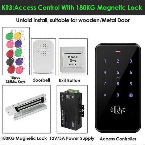 Kit de contrôle d'accès étanche 125 kHz, clavier tactile RFID, serrure électromagnétique WG 26/34, 3 000 utilisateurs, incluant le kit d'alimentation Access Power Kit 3. (1/5)