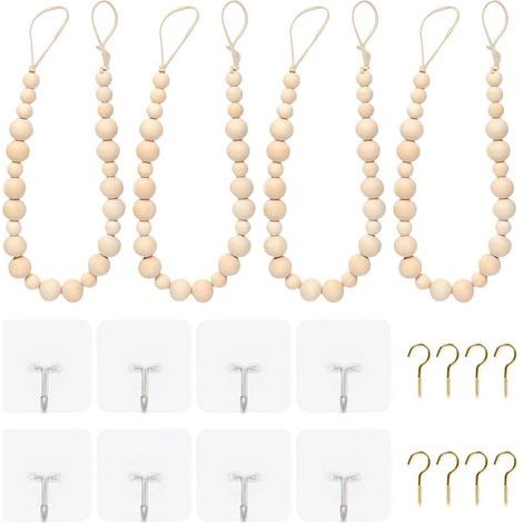 Lot de 4 embrasses de rideaux en perles de bois faites à la main en corde de coton pour chambre élégante charme naturel (1/4)