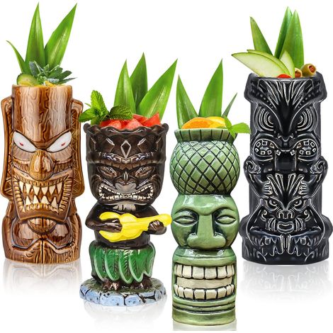Lot de 4 verres Tiki en céramique pour cocktails créatifs, grands verres exotiques style tropical hawaïen, pour bar (1/5)