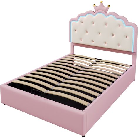 Lit coffre 140x200 rose, lit princesse forme couronne avec éclairage LED, sommier à lattes inclus et rangement hydraulique. (1/5)