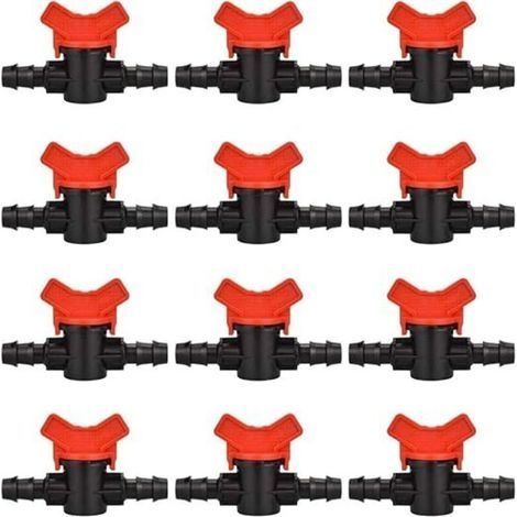 12 PCS Robinet de jardin pour tuyau, Tuyau Vanne d'irrigation 16 x 16mm Robinet d'arrêt raccord en Plastique pour le contrôle extérieur de la vanne d'eau de jardin (noir + rouge) (1/5)