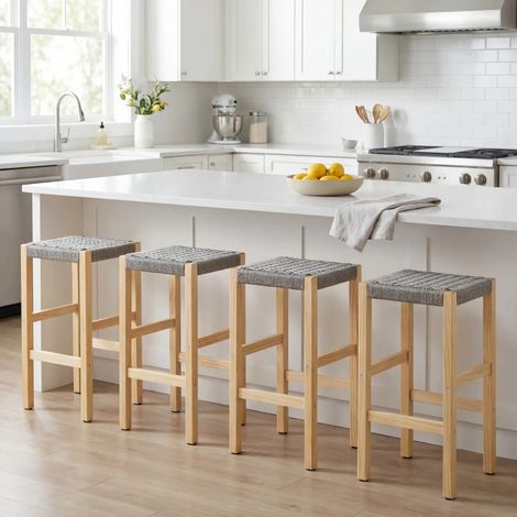 Wahson Set di 4 Sgabelli Cucina Sgabelli da Bar in Rattan, Bar Sgabelli Rustiche per Cucina Penisola/Ristorante, Grigio (1/5)