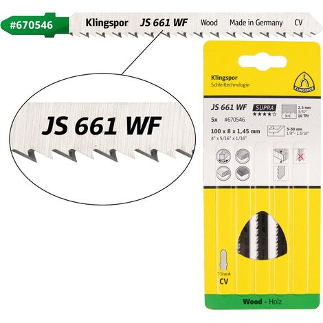 Klingspor JS 661 WF Stichsägeblätter, 100 x 8 x 1,45 mm Nutzlänge 75Crom-Vanadium, kreuzgeschliffen, konisch , 10 Zähne pro Zoll, SB-verpackt im Karto