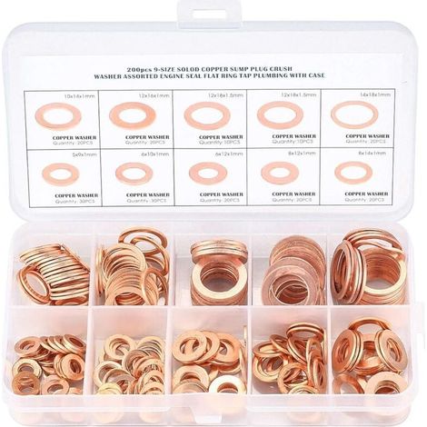 200pcs 10 Spécifications Joints Bague D'étanchéité, M5 M6 M8 M10 M12 M14, Rondelles En Cuivre Assortiment Kit, Cuivre Rondelles Metal, Joints Bague D'étanchéité, Cuivre Rondelles Joint bague d'étanché (1/5)