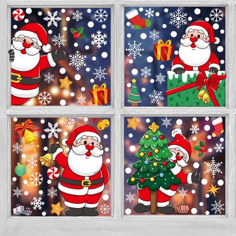 Décorations de Noël, cadeaux Père Noël et bonhomme de neige, autocollants électrostatiques pour chambres, salons et vitrines - [Quatre combinaisons] 414+417-419 -