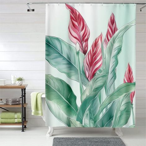 Rideau de douche grandes feuilles nature, œillets plastique, séchage rapide (1/5)