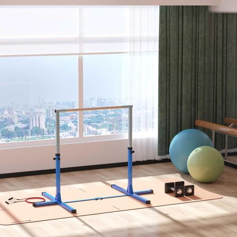 Barre de gymnastique réglable en hauteur sur 13 niveaux, structure robuste en bois et acier, charge maximale de 75 kg, pour enfants de 3 ans et plus, utilisation intérieure/extérieure, bleue (1/5)