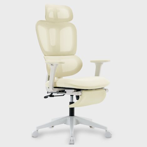 Ergonomischer Bürostuhl mit Fußstütze, hoher Rückenlehne, doppelter Rückenlehne, 2D-Kopfstütze, klappbaren Armlehnen, Schaumstoffsitz, Netzgewebe, gelb