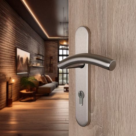 Ouvre&Déco – 2 poignées universelles DUALFIT sur plaque ronde CHRISTIE trou de cylindre, Acier nickel mat bi-entraxe 165-195