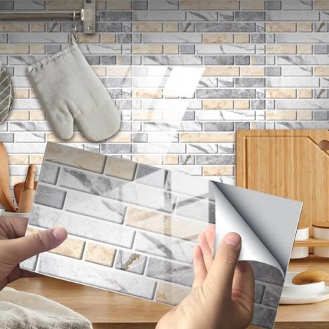 Sticker Carrelage - PVC Auto-adhésif 20 x 10 cm - Style Mosaïque Beige Gris - Étanche et Réutilisable - Pour Cuisine Salle de Bain Bureau - Lot de 12 (1/4)