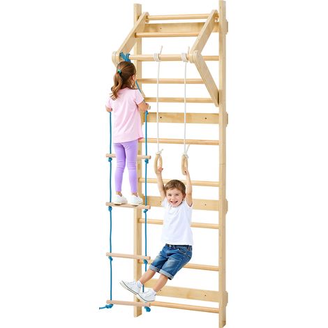 VEVOR Espalier en Bois Massif, Echelle Suedoise Murale a 8 Niveaux, Charge 100 kg, Gym Mural 4-en-1 avec Anneaux, Barre de Traction et Echelle de Corde, pour Escalade, Aire de Jeux Interieur