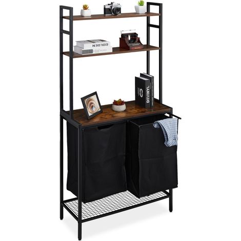 Laundry Laundry Basket Rack, 2 Pull-out Compartments, HWD: 162 x 80 x 34 cm, Collector, Bathroom Shelves, Black/Brown