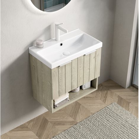 Mobile lavabo sospeso 55x32x53 cm in ceramica bianca, salvaspazio per bagno piccolo (1/5)