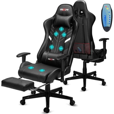 Gaming Stuhl 7PunktMassage Fußstütze 2DArmlehne 180kg Tiefschwarz (1/5)