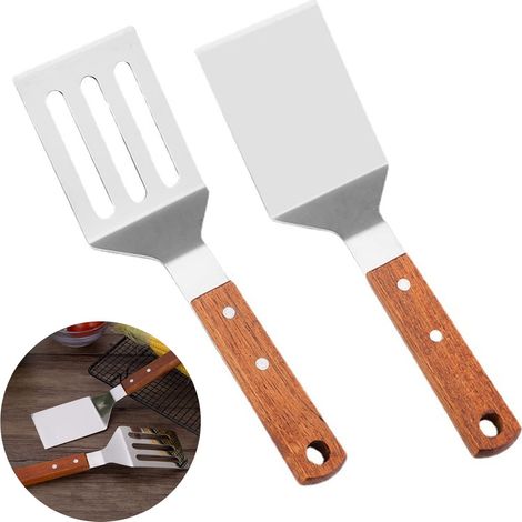 Lot de 2 spatules en acier inoxydable avec manche bois, set barbecue perforé pour teppanyaki, steak et pizza