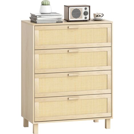 Commode 4 tiroirs cannage en rotin dim. 80L x 40l x 103H cm MDF Aspect Bois Clair