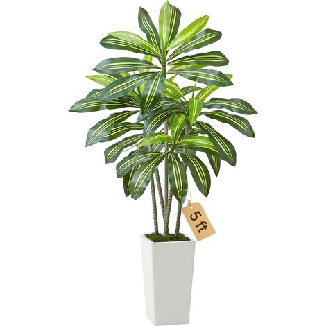 Dracaena Artificiel, 1,5 m, Plante Artificielle Tropicale en Pot Blanc, Faux Arbre Tropical, Fausse Plante Feuilles Polyéthylène pour Décoration d'Intérieur, Salon, Bureau, Intérieur, Extérieur (1/5)