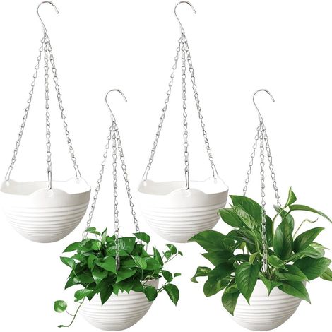 Lot de 4 paniers suspendus à arrosage automatique 20x20cm - Pots de fleurs ronds en plastique blanc pour jardins d'intérieur et d'extérieur (1/5)
