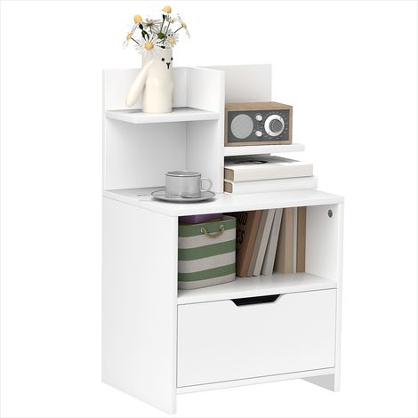 Table de chevet blanche effet bois avec tiroir et étagères (1/5)