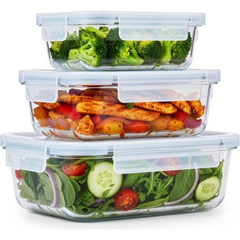 Récipients Alimentaires en Verre - Boîte Rangement 3 Pièces - Lunch Box Convient aux Micro Onde, Congélateur, Four et Lave-Vaisselle - 370, 640, 1050 ml (1/5)