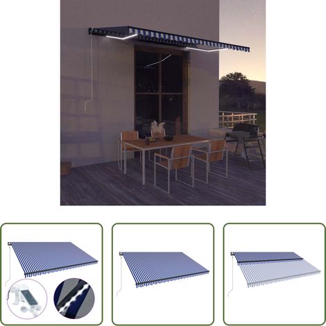 Ombrage terrasse -  Auvent avec capteur de vent et LED 500x300 cm Bleu et blanc (1/5)