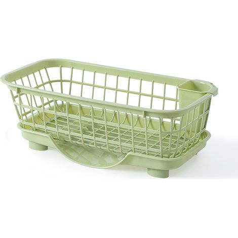 Séchoir à vaisselle vert avec base drainante amovible, égouttage rapide, plastique résistant, pour assiettes, fourchettes, baguettes.