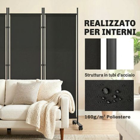 Paravent décoratif noir en acier pour intérieur, 5 volets équipés de 12 roues et attaches de liaison (1/5)