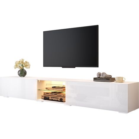 Meuble TV avec portes brillantes, éclairage LED multicolore contrôlable par application, meuble TV avec étagère en verre transparent, long meuble de rangement pour salon, buffet moderne pour (1/5)