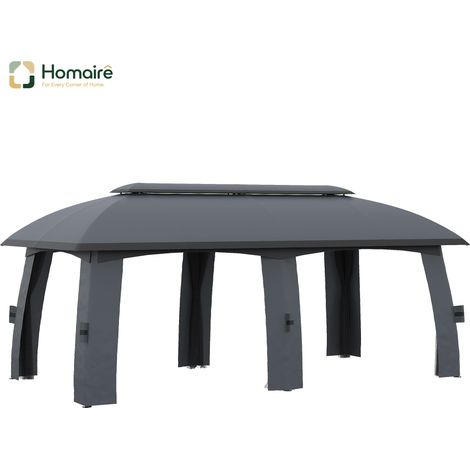 Pavillon de jardin 3x6m avec toit en pente, rideaux amovibles, moustiquaire et cadre métallique pour extérieur HOMAIRE (1/5)