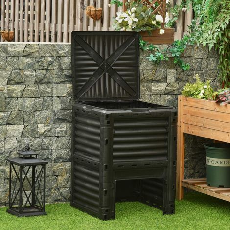 Outsunny Kompostbehälter, 300 l Fassungsvermögen, Bio-Komposter für die Garten-Düngemittelproduktion im Freien mit 48 Belüftungsöffnungen, 60,5 x 60,5 x 81,5 cm, Schwarz